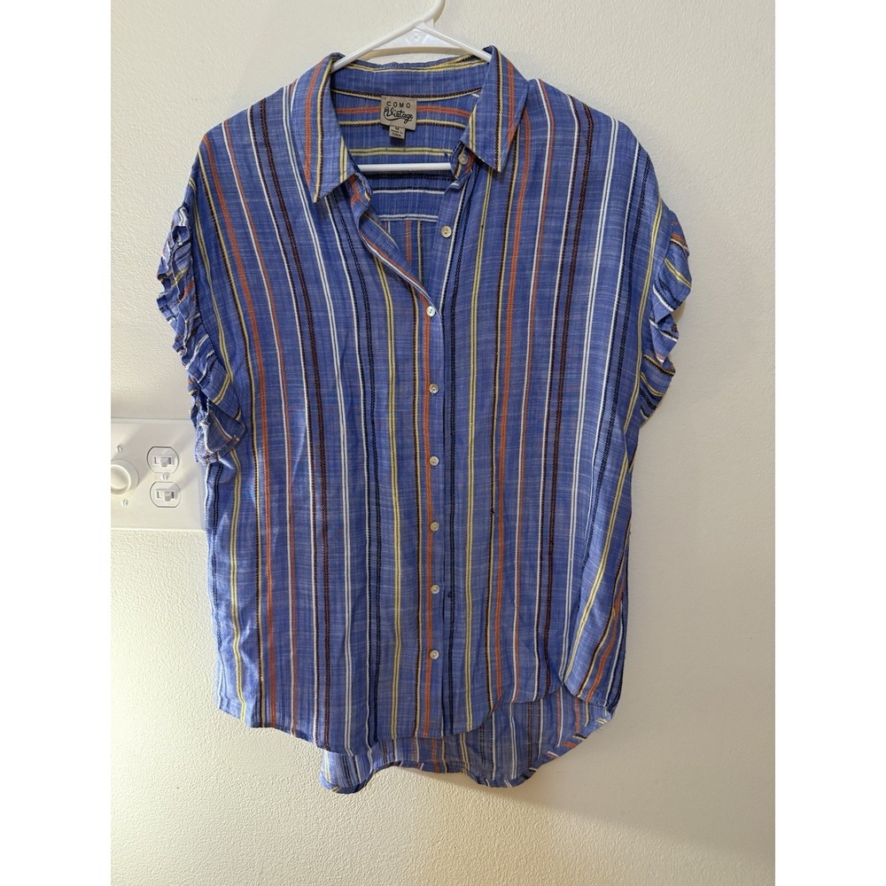 Como Vintage‎ Flutter Sleeve Blue Striped Button Down Shirt Women's Size M